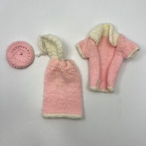 Vintage Handmade Knit Barbie Doll Outfit Set Halter Dress Sweater Hat Pink White